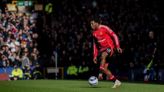 Manchester United’s Patrick Dorgu at a match between his team and Everton FC at Goodison Park, Liverpool on February 22 2025