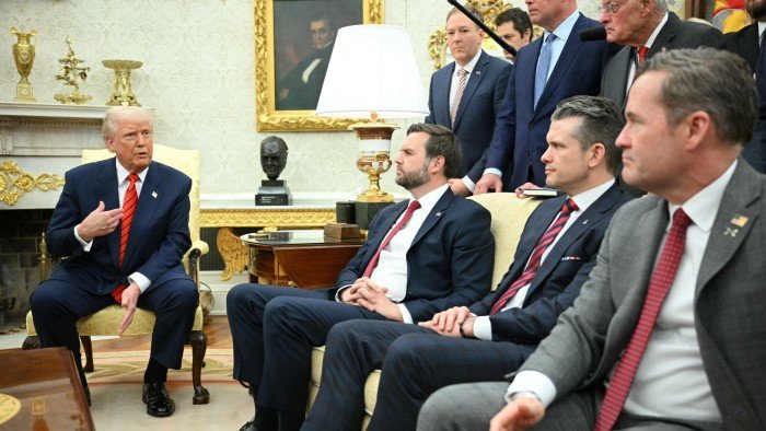 US President Donald Trump with vice-president JD Vance, defence secretary Pete Hegseth and national security advisor Mike Waltz, and standing, special envoy to Ukraine and Russia Keith Kellog and Nato ambassador nominee Matthew Whitaker