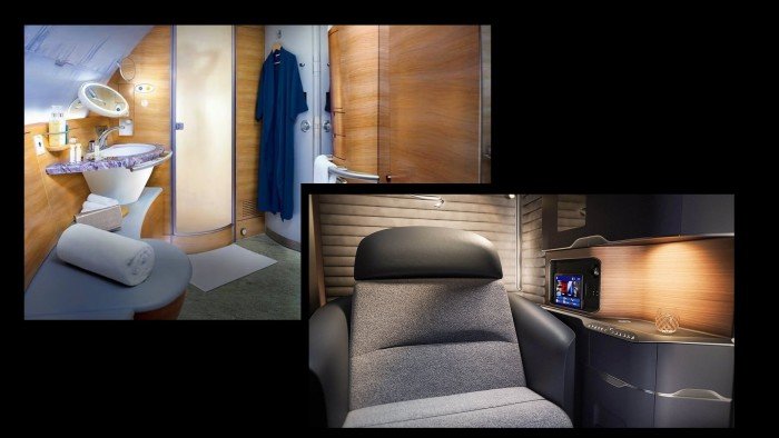 A montage of Emirates first class shower suite and the new British Airways First Class seat