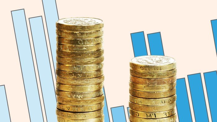 A montage of pound coins and a backround of a bar chart