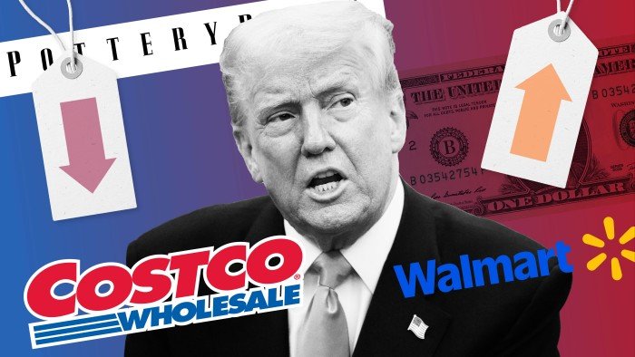 Montage of Donald Trump with the logos of Costco, Walmart and Pottery Barn and pricetags pointing up and down
