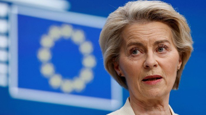 Ursula von der Leyen is seen speaking at a press conference