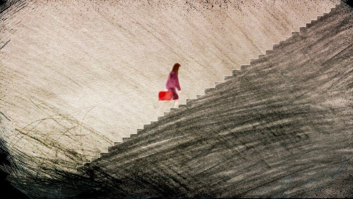 Ann Kiernan illustration of a woman climbing an endless flight of steps; darkness looms below.
