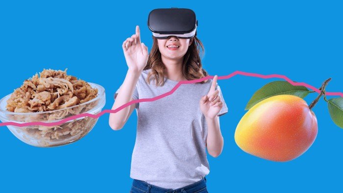 Montage shows a bowl of pulled pork, a woman wearing a VR headset and a mango against an inflation chart line