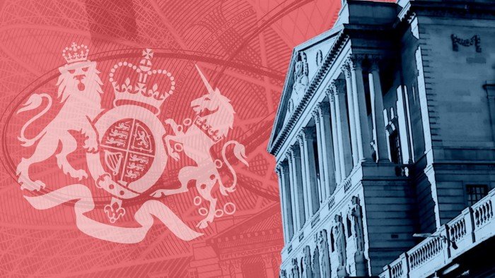 Montage of Bank of England, close-up of £50 banknote and UK government logo