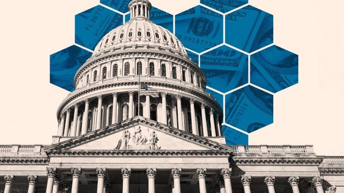 A montage showing the US Capitol and US dollars in the background