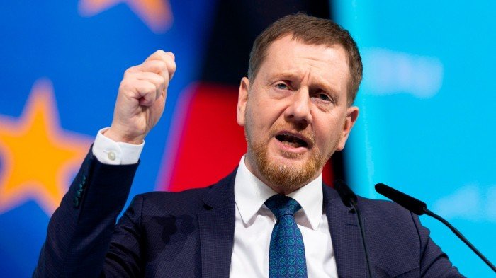 Michael Kretschmer of the CDU speaks to delegates at a party congress in Berlin on February 3