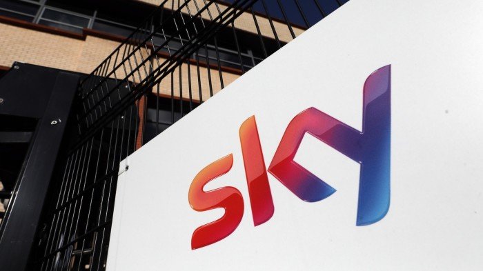 A Sky sign at the company’s headquarters in Isleworth, London