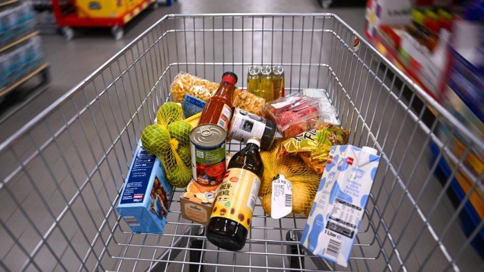 Food items in a shopping trolley at a supermarket in Berlin, Germany