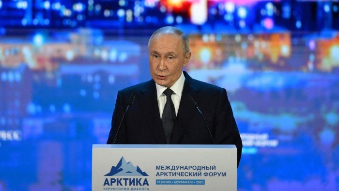 Russian President Vladimir Putin gives a speech at the International Arctic Forum