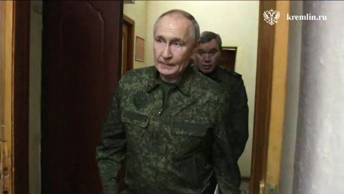 A grab from Kremlin-released footage showing President Vladimir Putin visiting a command post in the Kursk region on Wednesday