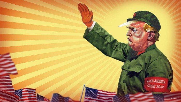 Illustration of Trump replacing Mao in a Chinese revolutionary poster