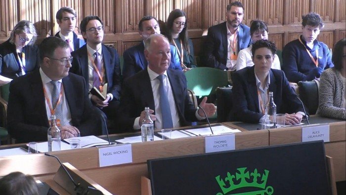 Nigel Wicking, chief executive of Heathrow AOC, Thomas Woldbye, chief executive of Heathrow Airport, and Alice Delahunty, president of UK electricity transmission at National Grid, give evidence to the Transport se