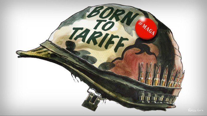 Illustration of a Full Metal Jacket helmet with ‘Born to Tariff’ written on it, a Maga sticker and several bullets stuck at the back