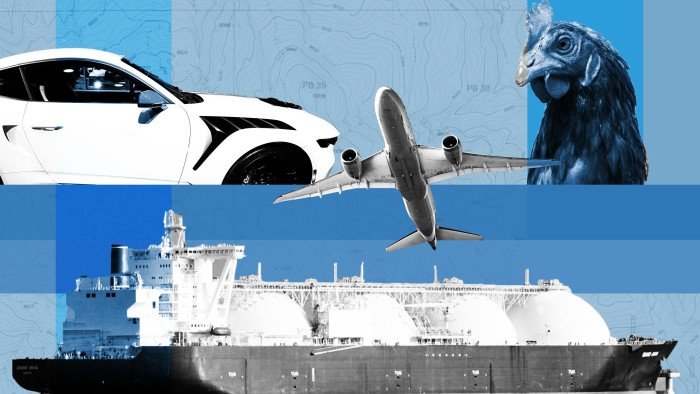 Montage of a car, chicken, LNG ship, and a plane over a topographical background