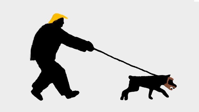 An illustration of Trump walking a dog that has JD Vance’s beard