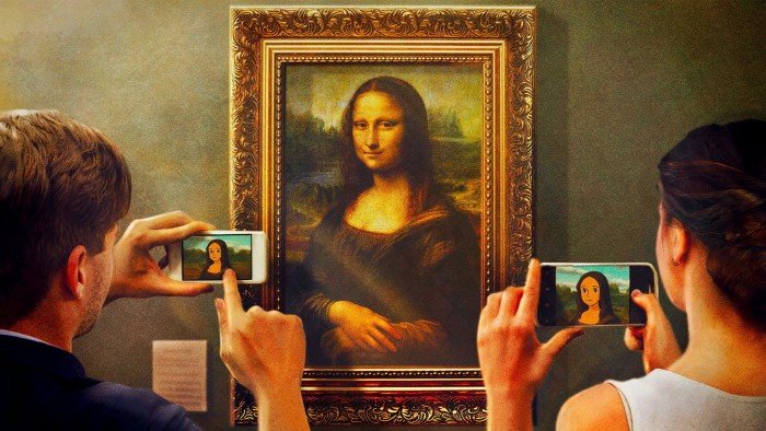 Ewan White illustration of two people taking pictures with their mobile phones of Mona Lisa painting.