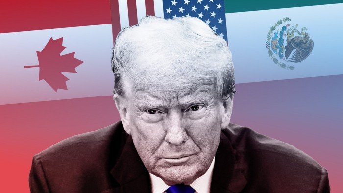 A montage with Donald Trump in the foreground and the flags of Canada, the US and Mexico in the background