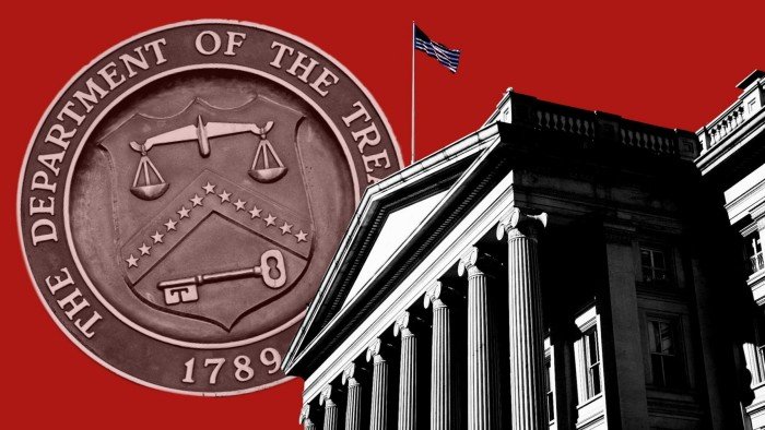 A montage of the US Treasury building and the logo of the Department of the Treasury on a red background
