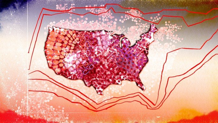 Illustration of a the map of America filled with dots of different shades of red, surrounded by graph lines re-routing around USA